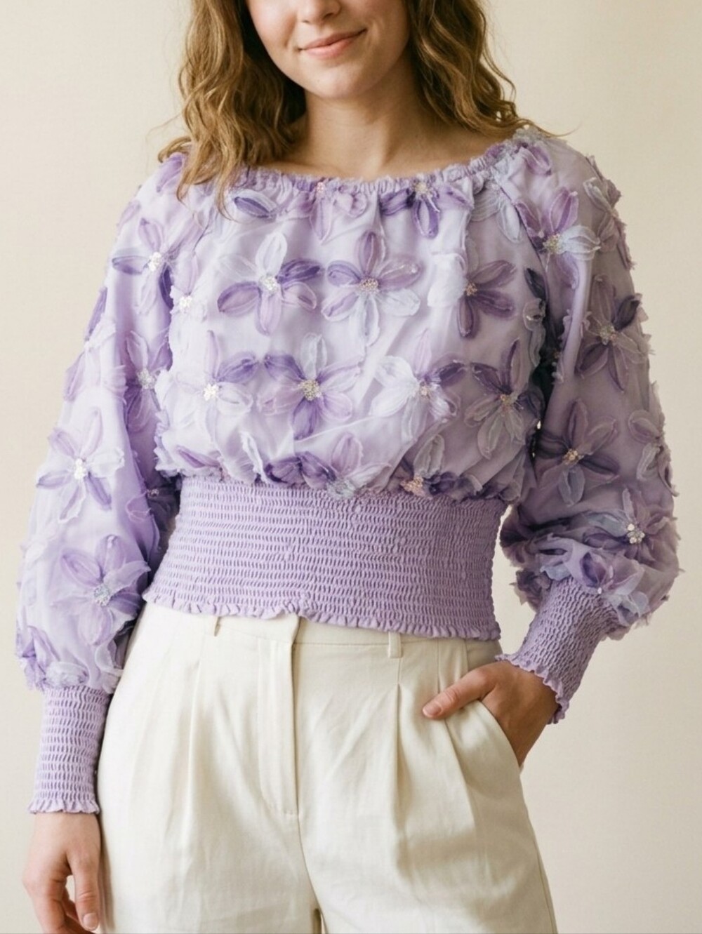 Floral 3D Sequin Lavender Lilac Off Shoulder Puff Sleeve Smock Waist Applique L